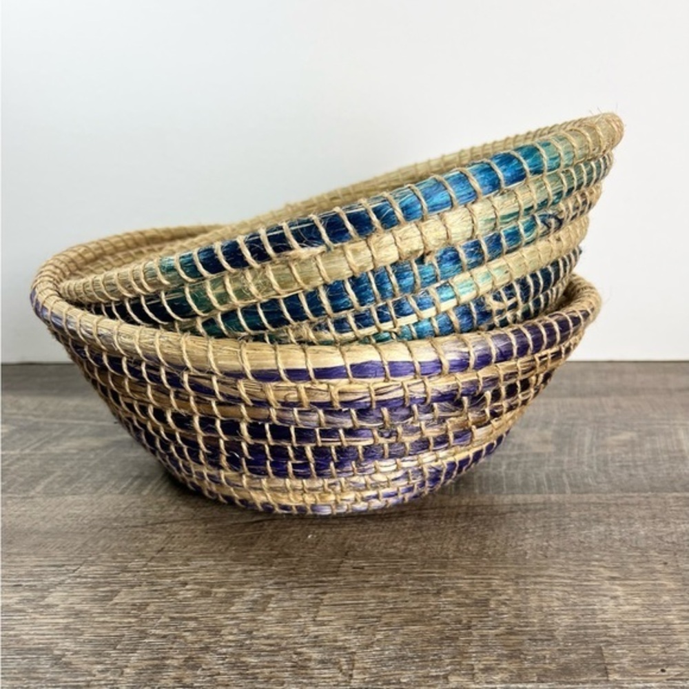 Woven baskets big 12” decor storage Boho coastal home set of two‎ blue